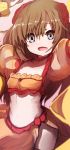  1girl :d arm_up bangs brown_hair brown_skirt character_request crop_top eyebrows_visible_through_hair fate/grand_order fate_(series) flower grey_eyes hair_between_eyes hair_flower hair_ornament highres long_sleeves looking_at_viewer midriff navel open_mouth puffy_long_sleeves puffy_sleeves red_flower skirt smile solo wada_kazu 