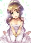 1girl :d bangs bare_arms bare_shoulders barefoot between_legs blurry blush breasts collarbone dappled_sunlight depth_of_field dress eyebrows_visible_through_hair flower frilled_dress frills from_above hair_flower hair_ornament hand_between_legs head_tilt idolmaster idolmaster_cinderella_girls knees_together_feet_apart long_hair looking_at_viewer looking_up ment open_mouth own_hands_together ponytail shiny shiny_hair shiny_skin sidelocks simple_background sitting small_breasts smile solo strapless strapless_dress sunlight takamori_aiko tareme v_arms wariza white_background white_dress yellow_eyes