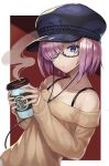  1girl :o alternate_costume bare_shoulders black-framed_eyewear black_hair black_hat bra-strap cabbie_hat cable casual collarbone cup disposable_cup earphones fate/grand_order fate_(series) glasses hair_over_one_eye hat highres holding holding_cup long_sleeves looking_at_viewer mash_kyrielight off-shoulder_sweater off_shoulder open_mouth outside_border semi-rimless_eyewear shiny shiny_hair shoes short_hair sleeves_past_wrists solo steam sweater two-handed two-tone_background under-rim_eyewear violet_eyes yellow-sweater 