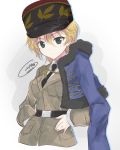 1girl artist_name asparagus_(girls_und_panzer) bc_freedom_military_uniform black_belt black_neckwear blonde_hair blue_jacket brown_jacket closed_mouth commentary_request cropped_torso dated dress_shirt eyebrows_visible_through_hair frown getsumen_suibaku_ver._a(c) girls_und_panzer girls_und_panzer_ribbon_no_musha green_eyes hands_on_hips hat highres jacket jacket_on_shoulders military military_uniform necktie red_hat shako_cap shirt short_hair signature solo uniform upper_body white_shirt wing_collar 