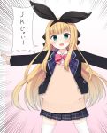  1girl :3 :d bangs black_bow black_jacket blonde_hair blue_skirt blunt_bangs blush bow bowtie collared_shirt commentary_request cowboy_shot emphasis_lines eyebrows_visible_through_hair green_eyes hair_bow hairband huge_bow jacket legs_apart long_hair looking_at_viewer nekoume open_clothes open_jacket open_mouth original pink_background pink_neckwear pleated_skirt shirt skirt smile solo standing sweater thigh-highs translation_request white_legwear white_shirt wing_collar 