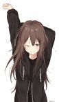  1girl artist_name black_shirt blush brown_eyes brown_hair closed_mouth commentary eyebrows_visible_through_hair hands_up highres hood hood_down hoodie isabelle_bosworth one_eye_closed original shirt signature simple_background solo stretch upper_body white_background 