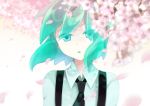  androgynous bangs black_neckwear blurry blurry_foreground cherry_blossoms collared_shirt colored_eyelashes depth_of_field eyebrows_visible_through_hair flower gem_uniform_(houseki_no_kuni) green_eyes green_hair head_tilt houseki_no_kuni mizuhotsuki necktie parted_lips petals phosphophyllite pink_flower shirt solo suspenders white_shirt 
