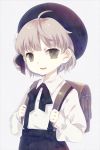  1girl :d ahoge backpack bag beret black_hat black_ribbon black_skirt brown_eyes brown_hair collared_shirt commentary_request ech flower grey_background hair_flower hair_ornament hair_rings hat hatoba_tsugu hatoba_tsugu_(character) long_sleeves looking_at_viewer open_mouth pleated_skirt randoseru ribbon rose shirt simple_background skirt sleeves_past_wrists smile solo suspender_skirt suspenders virtual_youtuber white_flower white_rose white_shirt 