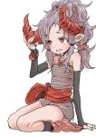 1girl :d absurdres black_gloves black_legwear blush commentary_request elbow_gloves gloves grey_hair hand_up highres horns jewelry necklace open_mouth original ponytail red_eyes sash seiza sitting slit_pupils smile socks solo yamamoto_souichirou 