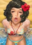  1girl arm_support beach bikini black_hair brown_eyes curly_hair flower from_above hair_flower hair_ornament kawakami_sadayo looking_at_viewer naughty_face navel open_mouth otk_king persona persona_5 short_hair solo stomach striped striped_bikini swimsuit water wet wet_hair 