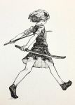  1girl arms_behind_back dual_wielding from_side full_body highres holding holding_sword holding_weapon konpaku_youmu mashimashi monochrome pleated_skirt shoes short_hair short_sleeves skirt solo sword touhou traditional_media walking weapon 