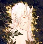  1girl bangs half-closed_eyes horns leaf long_hair looking_down nude oni oni_horns original parted_lips pink_hair pointy_ears red_eyes rosette_(yankaixuan) solo upper_body yellow_sclera 