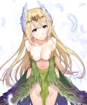  1girl bangs bare_shoulders bent_over blonde_hair blush breasts cleavage closed_mouth collarbone copyright_request cowboy_shot detached_sleeves elf eyebrows_visible_through_hair feather_trim feathers gem glowing glowing_feather hair_feathers head_tilt headpiece highres ia_(ias1010) long_hair long_sleeves looking_at_viewer medium_breasts navel pointy_ears revealing_clothes smile solo standing stomach very_long_hair waist_cape white_background wide_sleeves 
