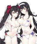  2girls ;d asymmetrical_docking bangs bare_arms bare_shoulders bikini black_hair blue_ribbon blunt_bangs breast_press breasts brown_eyes collarbone cowboy_shot eyebrows_visible_through_hair girls_frontline hair_ribbon hairband half-closed_eyes hand_on_another&#039;s_shoulder highres holding ia_(ias1010) large_breasts long_hair looking_at_viewer medium_breasts multiple_girls navel one_eye_closed open_mouth pink_ribbon qbz-95_(girls_frontline) qbz-97_(girls_frontline) ribbon side-tie_bikini sidelocks signature simple_background smile standing stomach straight_hair swimsuit teasing thighs twintails untied untied_bikini very_long_hair white_background white_bikini white_hairband 