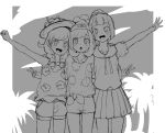  3girls beanie braid flower greyscale hat hat_flower lillie_(pokemon) long_hair mizuki_(pokemon_sm) mizuki_(pokemon_usum) monochrome multiple_girls notori_d open_mouth outstretched_arm pokemon pokemon_(game) pokemon_sm pokemon_usum shirt short_hair short_sleeves shorts skirt sun_hat tank_top tied_shirt twin_braids v 