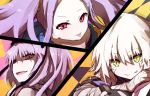  3girls :d :p bandage bandaged_arm bangs character_request closed_mouth eyebrows_visible_through_hair facial_scar fate/grand_order fate_(series) forehead green_eyes hair_between_eyes jack_the_ripper_(fate/apocrypha) long_hair looking_at_viewer looking_to_the_side multiple_girls open_mouth parted_bangs purple_hair scar scar_across_eye scar_on_cheek silver_hair slit_pupils smile tongue tongue_out violet_eyes wada_kazu wu_zetian_(fate/grand_order) 