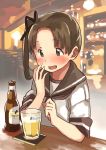  1girl alcohol ayanami_(kantai_collection) beer beer_bottle beer_mug blurry blurry_background blush brown_eyes brown_hair coaster hair_ribbon hand_in_front_of_face hoegaarden kantai_collection matsutani open_mouth ribbon school_uniform serafuku side_ponytail smile solo 
