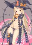  1girl abigail_williams_(fate/grand_order) aroma0501 asymmetrical_legwear bangs black_bow black_hat black_legwear black_panties blonde_hair blush bow breasts closed_mouth commentary_request eyebrows_visible_through_hair fate/grand_order fate_(series) gluteal_fold grey_background hat hat_bow head_tilt highres key keyhole long_hair looking_at_viewer orange_bow panties parted_bangs red_eyes revealing_clothes single_thighhigh small_breasts smile solo suction_cups tentacle thigh-highs topless underwear v-shaped_eyebrows very_long_hair witch_hat 