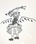  1girl arms_up bangs blush bow flandre_scarlet full_body hat highres laevatein layered_skirt looking_at_viewer mary_janes mashimashi mob_cap monochrome open_mouth shoes side_ponytail skirt skirt_set socks solo standing touhou traditional_media 