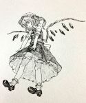  1girl bow bowtie flandre_scarlet full_body hat highres layered_skirt mary_janes mashimashi mob_cap monochrome parted_lips shoes short_sleeves side_ponytail skirt skirt_set socks solo standing touhou traditional_media 