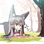  1girl absurdly_long_hair animal_ears bangs chibi day eating eyebrows_visible_through_hair food food_on_face fox_ears fox_girl fox_tail hair_between_eyes holding holding_food japanese_clothes kimono long_hair long_sleeves obi onigiri original outdoors red_eyes sash silver_hair sitting tail translation_request tree very_long_hair white_kimono wide_sleeves yuuji_(yukimimi) 