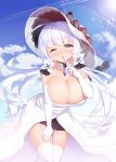  1girl ahoge azur_lane bangs blue_eyes blue_sky blunt_bangs blush breasts choker cleavage clouds cowboy_shot dress elbow_gloves eyebrows_visible_through_hair floating_hair gloves hair_ornament hair_ribbon half-closed_eye hand_on_own_leg hat illustrious_(azur_lane) index_finger_raised jewelry large_breasts leaning_forward light_particles light_rays long_hair looking_at_viewer low_twintails mole mole_under_eye one_eye_closed pendant ratio_(ratio-d) ribbon sapphire_(stone) sidelocks skindentation sky smile solo sparkle sun sun_hat sweat sweatdrop thigh-highs tress_ribbon twintails white_dress white_gloves white_hair white_hat white_legwear 