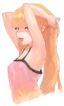  1girl :d armpits bare_arms bare_shoulders blonde_hair camisole commentary_request from_side hair_tie hands_up looking_at_viewer looking_to_the_side open_mouth original simple_background smile solo suisogenshi tying_hair upper_body white_background yellow_eyes 