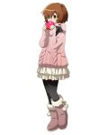  1girl black_legwear black_ribbon brown_eyes brown_hair casual eyebrows_visible_through_hair full_body fur_trim grey_footwear hair_between_eyes heart holding log_horizon miniskirt minori_(log_horizon) official_art pantyhose pink_sweater ribbon short_hair skirt solo standing sweater transparent_background white_skirt 