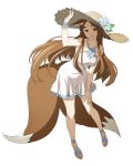  1girl animal_ears arm_up blue_flower bracelet brown_hair collarbone dress floating_hair flower fox_ears fox_tail full_body green_eyes grey_hat hand_on_lap hat hat_flower jewelry layered_dress leaning_forward log_horizon long_hair looking_at_viewer multiple_tails official_art short_dress sleeveless sleeveless_dress solo straw_hat sun_hat sundress sylvia_(log_horizon) tail transparent_background two_tails very_long_hair white_dress 