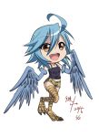  1girl :d absurdres ahoge bare_shoulders blue_hair chibi claws dated eyebrows_visible_through_hair full_body hair_between_eyes harpy highres kagiyama_(gen&#039;ei_no_hasha) looking_at_viewer monster_girl monster_musume_no_iru_nichijou open_mouth papi_(monster_musume) short_shorts shorts signature simple_background smile solo standing standing_on_one_leg tank_top white_background wings 