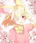  1girl ancolatte_(onikuanco) animal_ears blonde_hair blurry blush bow bowtie breast_pocket brown_eyes cherry_blossoms depth_of_field extra_ears eyebrows_visible_through_hair fennec_(kemono_friends) floating_hair fox_ears fur_trim gloves hand_up kemono_friends looking_at_viewer one_eye_closed petals pink_sweater pocket short_sleeve_sweater short_sleeves solo sweater upper_body yellow_gloves yellow_neckwear 