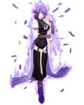  1girl black_dress black_feathers boots breasts dress full_body glasses grey_eyes grin hair_over_one_eye holding holding_weapon indicus log_horizon long_dress looking_at_viewer medium_breasts official_art purple_footwear purple_hair rimless_eyewear short_hair smile solo standing transparent_background weapon 