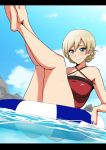  1girl arm_support bangs blonde_hair blue_eyes braid closed_mouth clouds cloudy_sky criss-cross_halter darjeeling day dutch_angle eyebrows_visible_through_hair girls_und_panzer halterneck highres innertube koujun_(mugenzero) legs_up letterboxed looking_at_viewer outdoors red_swimsuit short_hair sitting sky smile solo sweatdrop swimsuit tied_hair twin_braids underwater wading 