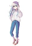  1girl absurdres blue_eyes blush casual closed_mouth denim eyebrows_visible_through_hair hair_between_eyes hibiki_(kantai_collection) highres jeans kantai_collection long_hair long_sleeves looking_at_viewer pants shirt shoes silver_hair simple_background solo tsuchihara_ai white_background 
