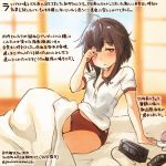  1girl brown_eyes brown_hair clock colored_pencil_(medium) commentary_request dated digital_clock gym_shirt hatsuzuki_(kantai_collection) kantai_collection kirisawa_juuzou numbered one_eye_closed shirt short_hair short_sleeves solo traditional_media translation_request twitter_username white_shirt 