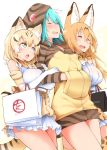  3girls :d alternate_hair_length alternate_hairstyle animal_ears bag blonde_hair blush breasts cat_ears cat_tail closed_eyes commentary_request elbow_gloves eyebrows_visible_through_hair gloves green_eyes hands_in_pocket hayashi_(l8poushou) highres hood hood_up hoodie kemono_friends large_breasts long_hair multiple_girls older open_mouth orange_hair orange_legwear sand_cat_(kemono_friends) serval_(kemono_friends) serval_ears short_hair skirt smile tail thigh-highs tsuchinoko_(kemono_friends) tsundere white_background white_skirt 