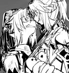  2girls absurdres blood clenched_teeth commentary_request face-to-face fate/apocrypha fate_(series) frankenstein&#039;s_monster_(fate) greyscale highres injury looking_at_another monochrome mordred_(fate) mordred_(fate)_(all) multiple_girls open_mouth scowl short_hair sketch teeth uotsu_(sabakou) upper_body 