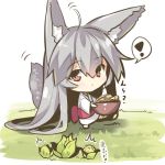  ! /\/\/\ 1girl absurdly_long_hair ahoge animal_ears bangs bowl cabbage chibi closed_mouth eyebrows_visible_through_hair food fox_ears fox_girl fox_tail hair_between_eyes holding holding_bowl japanese_clothes kimono long_hair long_sleeves looking_at_viewer looking_to_the_side obi original red_eyes sash silver_hair solo spoken_exclamation_mark standing standing_on_one_leg tail translated very_long_hair white_kimono wide_sleeves yuuji_(yukimimi) 