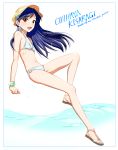  1girl :d artist_name bare_arms bare_legs bare_shoulders barefoot bikini blue_border blue_hair border bracelet brown_eyes character_name collarbone dated earrings eyebrows_visible_through_hair flat_chest full_body h_p hat idolmaster invisible_chair jewelry kisaragi_chihaya knee_up long_hair looking_at_viewer looking_to_the_side navel o-ring_bottom open_mouth revision sandals shiny shiny_hair simple_background sitting smile solo sparkle starfish_earrings stomach striped striped_bikini sun_hat swimsuit toes water white_background white_footwear yellow_hat 