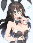  1girl alternate_breast_size animal_ears black_hair blush bow bowtie bunnysuit commentary detached_collar fake_animal_ears glasses green_eyes harukawa_(hal501) highres kantai_collection long_hair looking_at_viewer ooyodo_(kantai_collection) rabbit_ears solo twitter_username unzipping upper_body wrist_cuffs 
