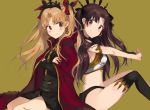 2girls back-to-back bangs bare_shoulders black_dress black_panties blonde_hair blush bone bow brown_hair cape crossed_arms crown dress earrings ereshkigal_(fate/grand_order) eyebrows_visible_through_hair fate/grand_order fate_(series) hair_bow ishtar_(fate/grand_order) jewelry long_hair long_sleeves looking_at_another mochii multiple_girls necklace panties parted_bangs red_bow red_cape red_eyes simple_background single_detached_sleeve single_thighhigh sitting smile thigh-highs tohsaka_rin underwear yellow_background 