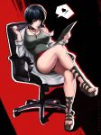 1girl belt black_hair black_panties breasts brown_eyes chair choker dandon_fuga feet jewelry labcoat legs_crossed lips looking_at_viewer nail_polish necklace office_chair panties pen persona persona_5 short_hair sitting solo takemi_tae toes underwear