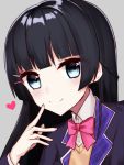  1girl black_blazer black_hair blue_eyes blush bow bowtie braid closed_mouth eyebrows_visible_through_hair hair_ornament hairclip highres hinaki_(aoi0410616) long_hair looking_at_viewer nijisanji pink_bow pink_neckwear school_uniform smile solo tsukino_mito virtual_youtuber 