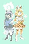  2girls :3 :d animal_ears ankle_boots black_footwear black_skirt blonde_hair blue_shirt blush boots bow bowtie closed_mouth commentary_request common_raccoon_(kemono_friends) elbow_gloves eyebrows_visible_through_hair fangs gloves green_background grey_legwear hands_on_hips high-waist_skirt japari_symbol kemono_friends looking_at_viewer mitsumoto_jouji multicolored_hair multiple_girls open_mouth orange_eyes orange_legwear orange_neckwear orange_skirt pantyhose pleated_skirt puffy_short_sleeves puffy_sleeves raccoon_ears raccoon_tail red_eyes serval_(kemono_friends) serval_ears serval_print serval_tail shirt shoes short_hair short_sleeves simple_background skirt smile smug standing tail thigh-highs white_footwear white_shirt 