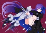  1girl armor armored_boots ass bangs black_coat blue_ribbon boots coat crotch_plate eyebrows_visible_through_hair fate/extra fate/extra_ccc fate/grand_order fate_(series) hair_ornament hair_ribbon highres long_hair long_sleeves looking_at_viewer meltlilith navel purple_hair revealing_clothes ribbon sleeves_past_fingers sleeves_past_wrists smile solo spikes takae_(poupee_en_biscuit) very_long_sleeves violet_eyes 