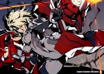  1girl alternate_color alternate_costume bodysuit breasts firing flying forehead_protector gun_goddess_miss_fortune high_contrast highres kotatsu_(g-rough) large_breasts league_of_legends long_hair mecha_musume muzzle_flash official_art platinum_blonde power_suit red_eyes sarah_fortune shoulder_cannon skin_tight solo 
