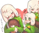  /\/\/\ 2boys asriel_dreemurr blush brown_hair child claws covering_another&#039;s_eyes fangs frisk_(undertale) furry heart male_focus multiple_boys muraachi one_eye_closed open_mouth parted_lips shirt spoilers striped striped_shirt sweatdrop translation_request undertale white_hair 