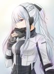  1girl ak-12_(girls_frontline) bangs black_gloves black_ribbon blunt_bangs braid breasts closed_mouth french_braid girls_frontline gloves gradient gradient_background half-closed_eyes half_mask headset long_hair long_sleeves looking_at_viewer medium_breasts p981877 parted_lips partly_fingerless_gloves ponytail ribbon sidelocks silver_hair simple_background smile solo strap upper_body very_long_hair violet_eyes 