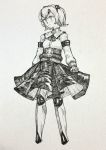  1girl blush bow bowtie closed_mouth commentary_request cyborg expressionless full_body highres long_sleeves mashimashi monochrome original pleated_skirt skirt solo standing traditional_media 
