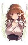  1girl bangs breasts brown_hair cleavage cleavage_cutout closed_mouth collarbone dress eyebrows_visible_through_hair flower long_hair looking_at_viewer medium_breasts original pointy_ears purple_flower red_eyes sidelocks sketch smile solo white_background white_dress yuuji_(yukimimi) 