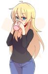  1girl black_shirt blonde_hair blue_eyes blue_pants blush coolisushi cowboy_shot cup denim drinking hair_between_eyes highres jeans long_hair long_sleeves looking_at_viewer mug new_game! pants shirt solo very_long_hair yagami_kou 