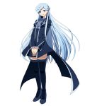  1girl black_footwear blue_dress blue_eyes blue_hair boots dress earrings floating_hair full_body hands_together jewelry leaning_back log_horizon long_hair looking_at_viewer official_art reinesia_el_arte_cowen round_table_concil_uniform short_dress smile solo standing thigh_boots transparent_background uniform very_long_hair zettai_ryouiki 