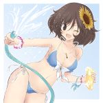  1girl ;d akiyama_yukari bikini blue_background blue_bikini bow_bikini bracelet breasts brown_eyes brown_hair bullet cleavage commentary_request droplet dutch_angle flower frilled_bikini frills getsumen_suibaku_ver._a(c) girls_und_panzer hair_flower hair_ornament highres holding hose jewelry light_particles looking_at_viewer medium_breasts messy_hair navel necklace one_eye_closed open_mouth outside_border short_hair side-tie_bikini smile solo sponge standing sunflower swimsuit water_drop 