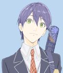  1boy absurdres blue_background closed_mouth collared_shirt donguri_suzume eyebrows_visible_through_hair green_eyes grey_jacket hair_between_eyes highres jacket looking_at_viewer male_focus necktie original purple_hair red_neckwear shirt short_hair simple_background smile solo upper_body wing_collar 